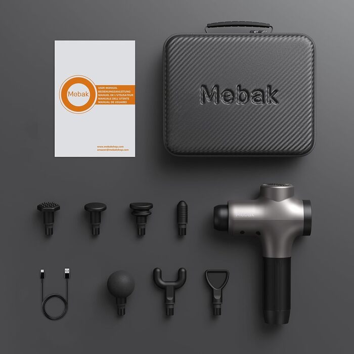 Перкусійний масажер Mebak 3 Massage Gun: електричний ручний масажер для м'язів та фасцій, 3200 об/хв, амплітуда 12 мм, 7 насадок, 5 рівнів інтенсивності, акумулятор 2600mAh (Сірий)