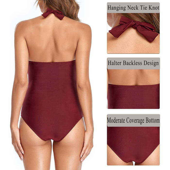Одноцільний купальник Daen Bauchweg для схуднення з V-подібним вирізом, знімними вкладами для контролю живота, спортивний купальник з відкритою спиною (L, Бордовий)