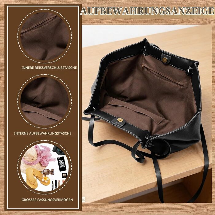 Жіноча сумка-шопер Tote Bag великого розміру, шкіряна сумка на плече з від’ємним ременем, вінтажна сумка для роботи, офісу та подорожей (Чорна)