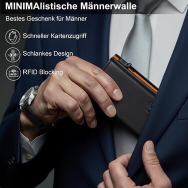 Тонкий чоловічий гаманець TENBST з RFID-захистом та монетницею, шкіряний картхолдер на 10 карток, Slim Wallet — Чорний та Помаранчевий