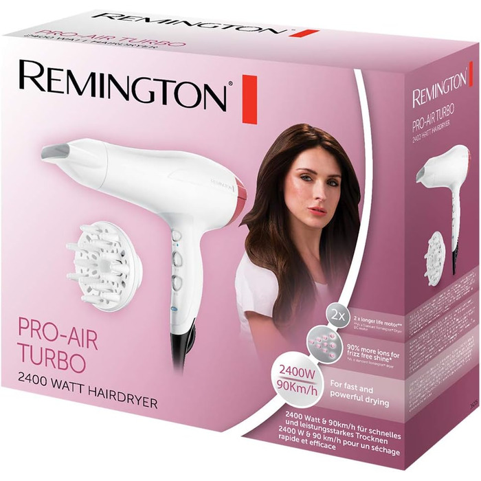 Іонізуючий фен Remington D5226 (2400 Вт, турбофункція 90км/год, 3 температурні та 2 швидкості обдуву, 2 насадки)