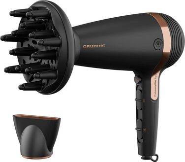 Фен для волосся Grundig Naturashine HD 7081, 2100 Вт, з іонізацією, керамічним покриттям з олією макадамії та кокоса, автоматичним змотуванням кабелю, чорний/рожеве золото