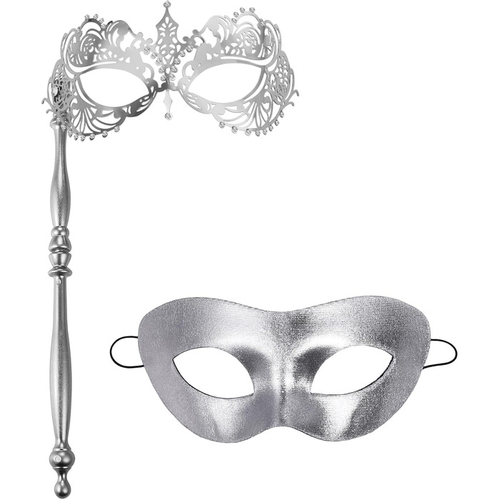 Венеціанська маска для пари JewelryWe з держаком, металева маска з кристалами Swarovski для карнавалу, Хелловіну, вечірки-маскараду (срібна)