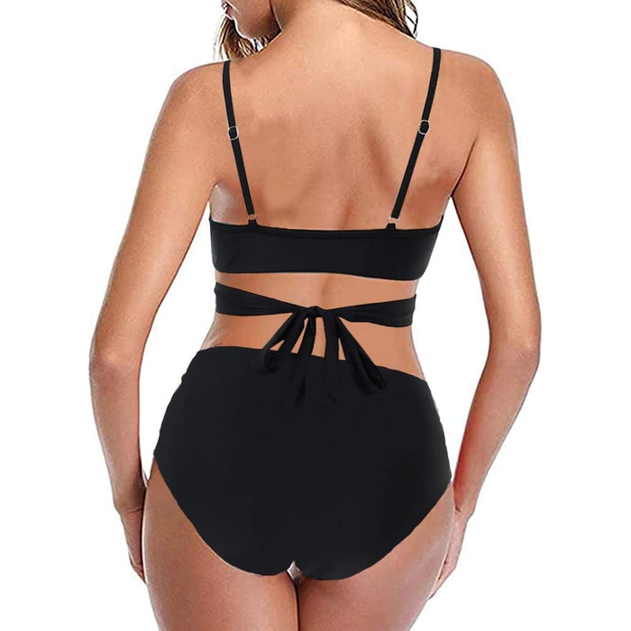 Бікіні JFAN з рюшами, пов'язка, пуш-ап, висока талія, зав'язки на спині, 2 шт. (Чорний, S)
