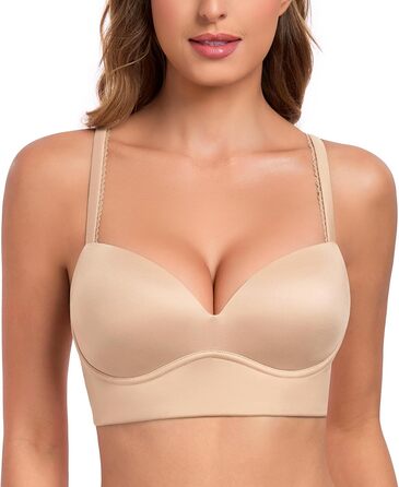 Трусики Lemorosy BH для жінок без кісточок Push Up, безшовні, з глибоким V-подібним вирізом, класичні, зручні, повсякденні бюстгальтери з широкими бретелями (80C, бежевий)