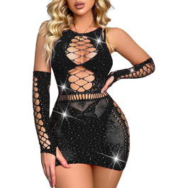 Елегантний жіночий комплект нижньої білизни Ella Lust: мереживний боді, сукня з паєтками та мереживні рукавички. Чорний, універсальний розмір.