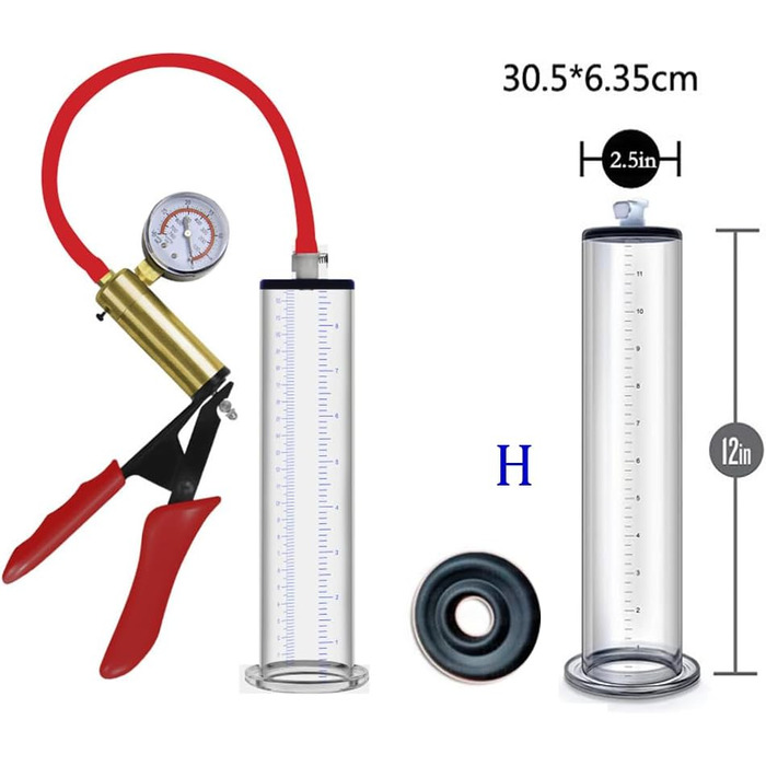 Насос для збільшення статевого члена Jpscor з металевими ручками та манометром, прозорий вакуумний насос з шкалою для чоловіків, SM-інтимні іграшки для ерекції та збільшення, H-30,5 * 6,35cm
