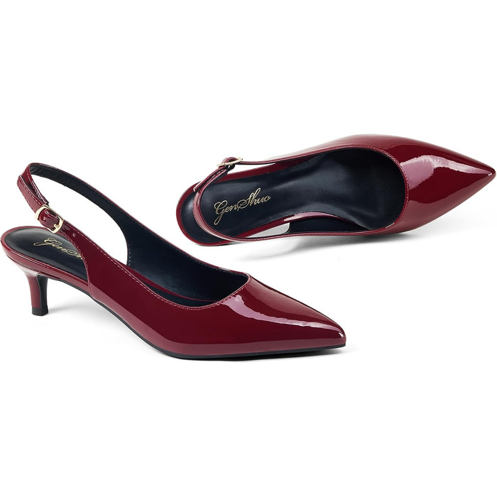 Жіночі елегантні туфлі-човники GENSHUO на низьких підборах (Kitten Heels) з відкритим задником, лакована шкіра, колір винно-червоний, розмір 42 EU