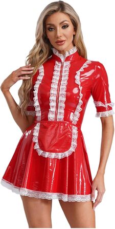 Костюм горничної MSemis: сексуальний набір нижньої білизни з ефектом мокрого блиску, готичний стиль, французький, косплей (XL, червоний)