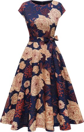 Сукня коктейльна DRESSTELLS жіноча ошатне 1950-х років, довжина міні, рокабілі, весільна, для вечірки, вінтажне з під'юбником (L, темно-синій з квітковим принтом)