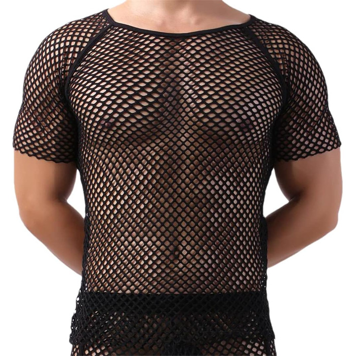 Чоловіча футболка з сітки, прозора, з короткими рукавами - стильна сорочка для чоловіків (S, чорний)