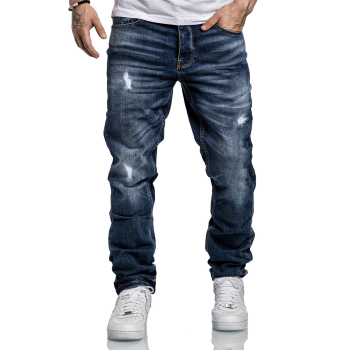 Чоловічі джинси REPUBLIX Regular Straight Fit з ефектом Destroyed, темно-сині, модель R7998