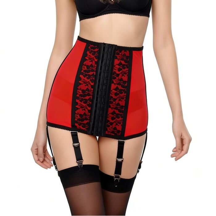 Корсет жіночий з високою талією, металева застібка, знімні мережива, спідня білизна, 6 ремінців, стринги червоний M