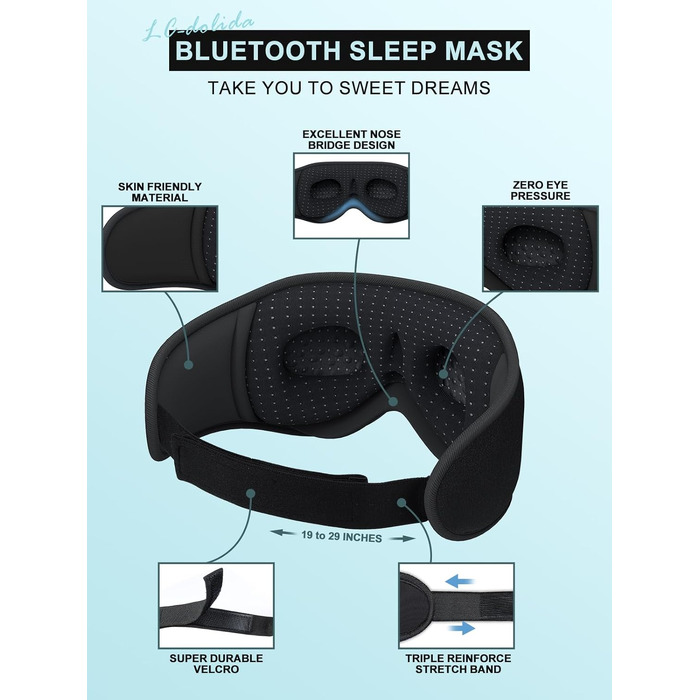 Маска для сну з Bluetooth-навушниками LC-dolida V5.4, 3D дихаюча бавовняна маска для очей з мікрофоном, миюча, для подорожей, йоги та медитації, чорна