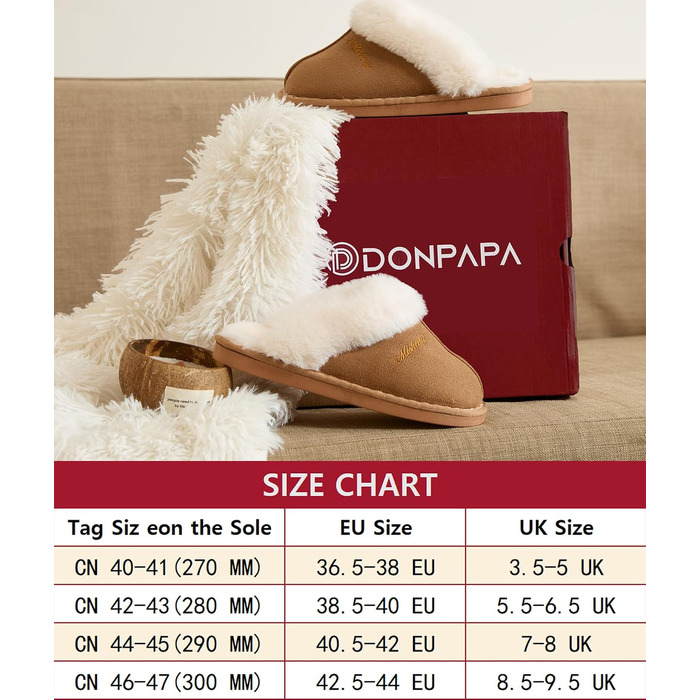 Зимові домашні капці Donpapa унісекс з ефектом пам'яті (Memory Foam) та штучним хутром, колір каштановий, розмір 38.5/40 EU