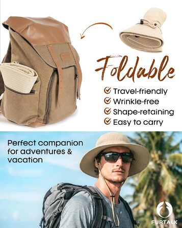 Сонцезахисний капелюх FURTALK для чоловіків та жінок з широкими полями, UPF 50+, регульованим ремінцем, складаний панама-хат для подорожей та рибальства (Khaki)