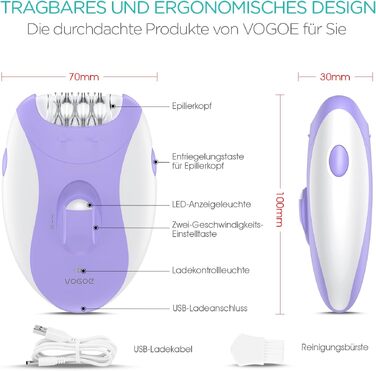 Електричний епілятор для жінок VOGOE HR110 з 21 пінцетом та LED-підсвіткою, акумуляторний пристрій для видалення волосся на ногах та руках, 2 швидкості (Фіолетовий)