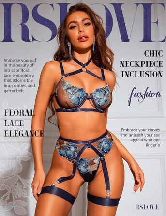 RSLOVE Комплекти нижньої білизни для жінок - Сексуальна спідня білизна з бретелями, мереживна піжама, комплект бюстгальтера та трусиків з стрічкою, XL, блакитний