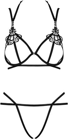 Сексуальний жіночий комплект білизни Selente Love & Fun: бюстгальтер, танга, пояс для живота (опціонально), шовкова маска для очей. Виготовлено в ЄС (S-M, чорний з бретельками, мереживний).