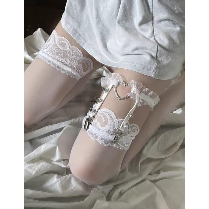 Жіночі шкіряні гетри на стегна з регулюванням, гетри на ногу у формі серця з кліпсами, панк-готичні гетри для панчіх-високих, 2 шт. чорні, 2 шт. з білим мереживом