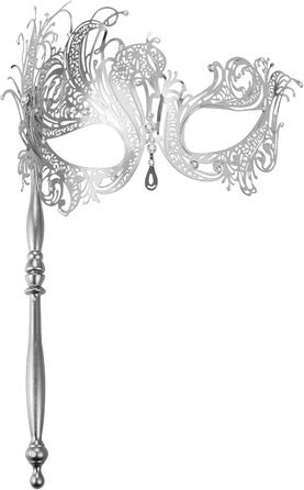 Венеціанська маска JewelryWe з держальником для жінок, металева маска з стразами для маскараду, аксесуари до костюма для Хелловіну, карнавалу, вечірки-маскараду (срібна)