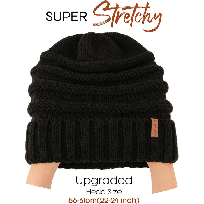 Жіноча в'язана шапка-біні FURTALK Slouch Beanie у стилі street style, груба в'язка, м'яка зимова шапка, універсальний розмір, чорна