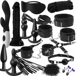 Еротичний набір: вібратор, ділдо, анальні пробки, кайданки, стек, ошийник, кнебел, пов'язка на очі та затискачі
