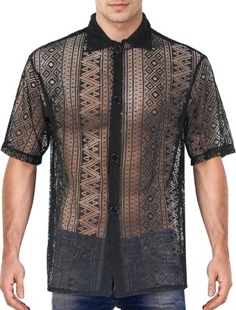 Чоловіча літня сорочка з мереживом AIEOE, прозора сітка, топ для чоловіків, мережеве сорочка, фестивальний образ, білий (XL, чорний)