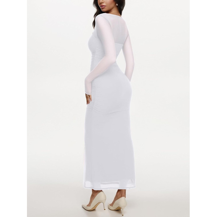 REORIA Максі-сукня для гостей на весілля: довга, з довгими рукавами, прозора сітка, квадратний виріз, обтягуюча, біла, XS