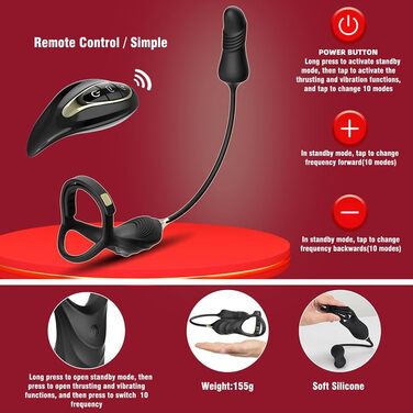 Масажер простати для чоловіків NAIXBTY з кільцем на пеніс, пультом дистанційного керування та телескопічним вібратором. 10 режимів вібрації + режим штовхання. Інтимні іграшки для чоловіків