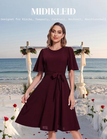 Сукня коктейльна Bbonlinedress жіноча з коротким рукавом, довжини міді, бордового кольору з поясом, для вечірок та весіль