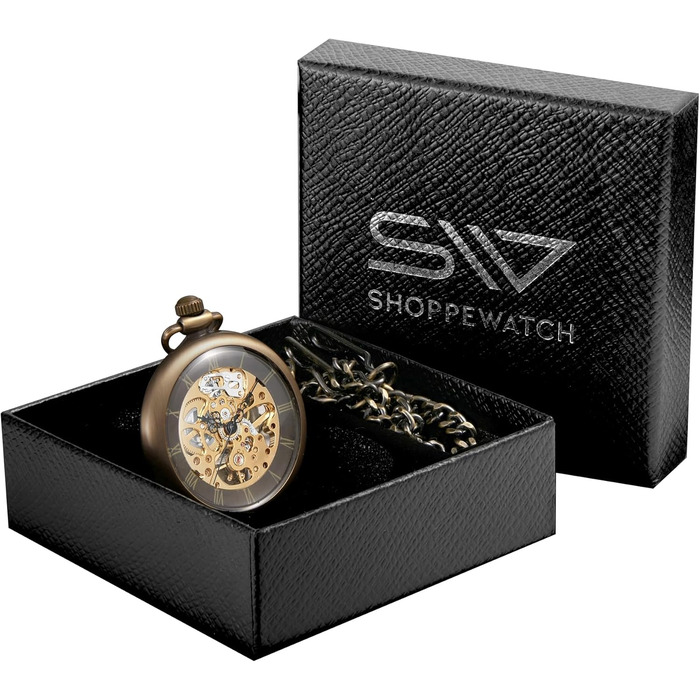 Механічний кишеньковий годинник ShoppeWatch з ланцюжком для чоловіків, ручний завод, відкритий прозорий циферблат, стімпанк аксесуар у стилі 1920-х років (Бронзовий)