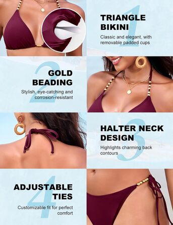 Бікіні жіноче Triangel з золотими перлами, топик халтер з пом'якшувачами та стринги, трусики на зав'язках, фуксія, M