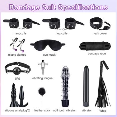 Набір для БДСМ з шкіри, 17 предметів: наручники, маска для очей, мотузки, для дорослих пар
