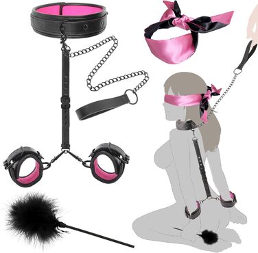 Набір BDSM 6-в-1: наручники, шлея для тіла, чокер, прічка, маска для очей. Набір для BDSM для пар (Чорний, Рожевий)