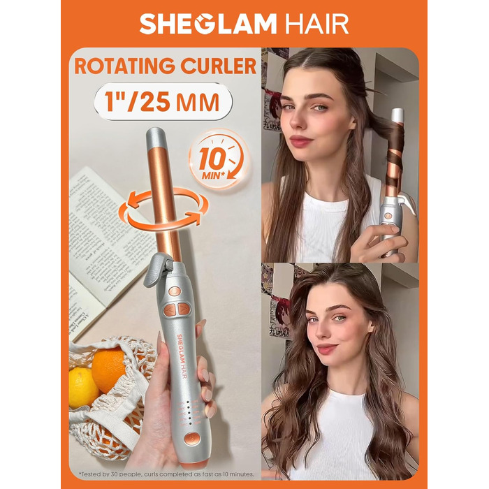 Автоматичний стайлер для об'єму та локонів SHEGLAM 25мм, ротаційний плойка-автомат для довгих волосся, ефект пляжних хвиль, до 220°C, двонапружний