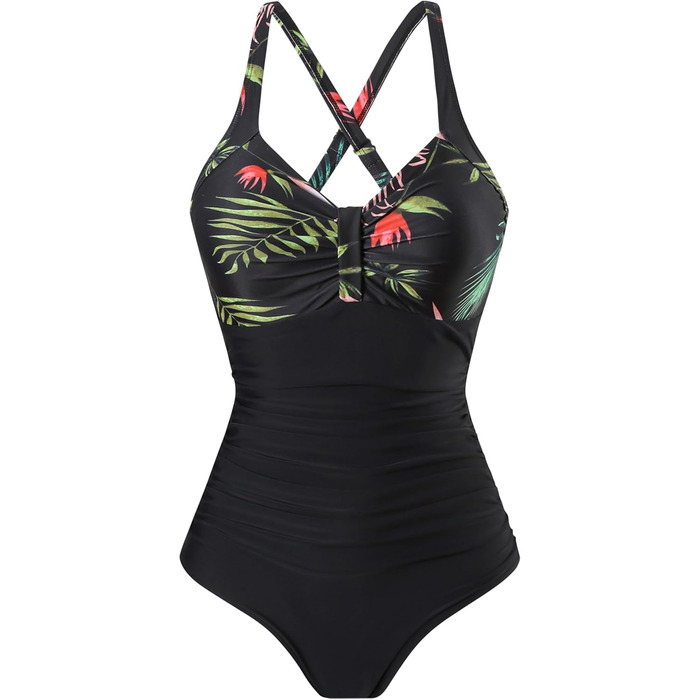 Купальник жіночий Laorchid Monokini з високою талією, корегуючий, з V-подібним вирізом, чорний, з рослинним принтом