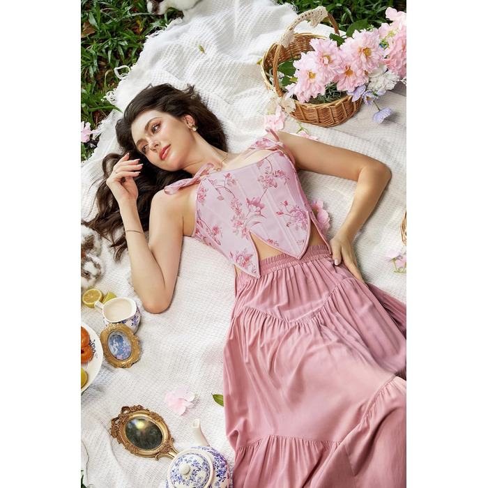 SCARLET DARKNESS Корсет жіночий у стилі Ренесанс з мереживом та квітковим принтом, рожевий, 44