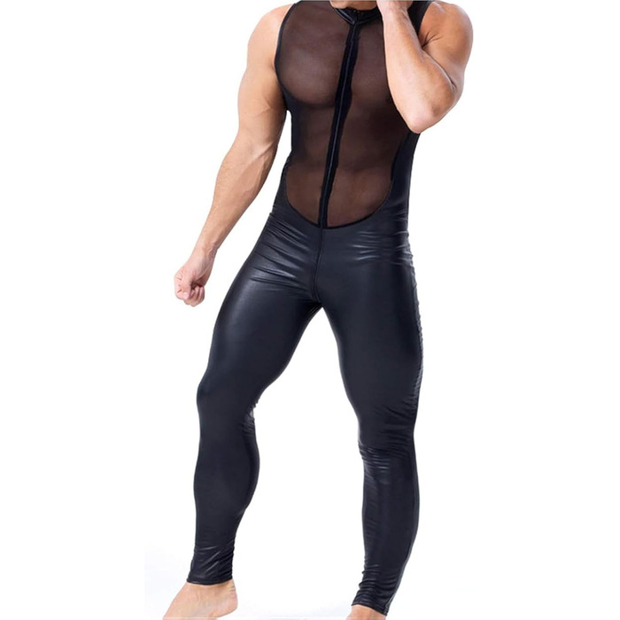 Боді з латексу для чоловіків, чорний, XL. Латексний костюм з сіткою, цілісний, з довгими рукавами, для клубів, штучна шкіра.