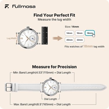 Шкіряний ремінець Fullmosa 18мм для Garmin Vivoactive 6/5/4, Venu SQ та Samsung Galaxy Watch 7/6/5/4 FE, Classic, Pro (Білий, срібляна застібка)