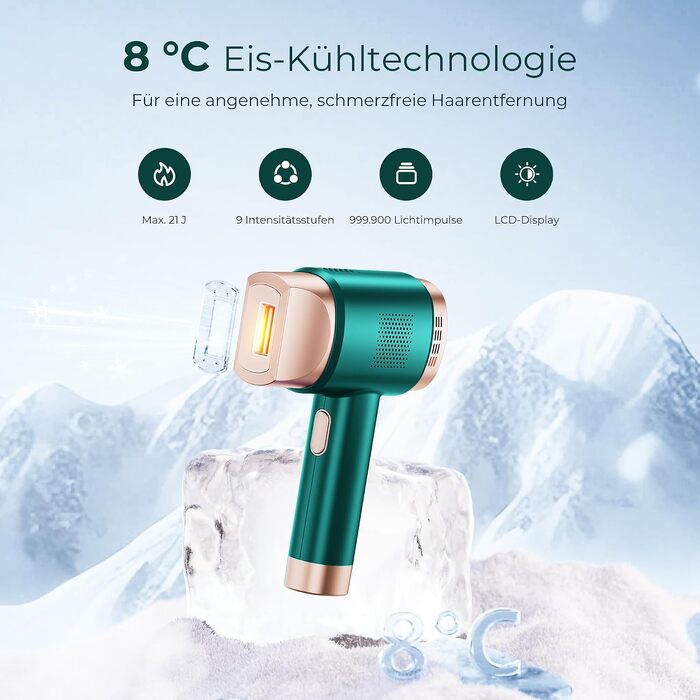 IPL епілятор 21J з системою охолодження 8°C, лазерний пристрій для видалення волосся з 9 рівнями інтенсивності та червоним світлом 600 нм, LCD-дисплей, для жінок та чоловіків (зелений)