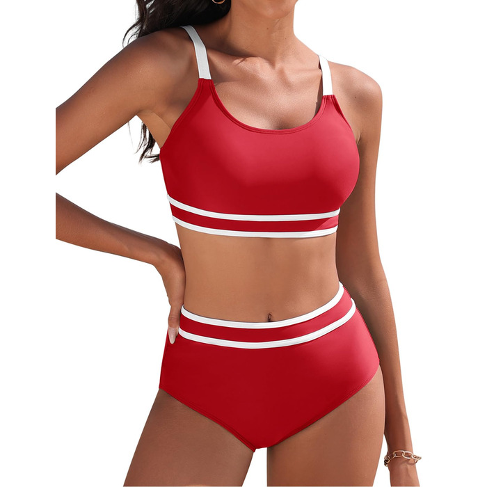 Бікіні Tuopuda для жінок: комплект з високою талією, шорти та топ з пуш-ап, спортивний двочастинний купальник, багряний колір, розмір M