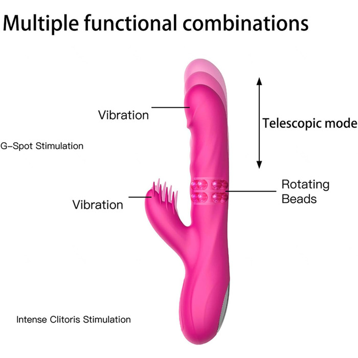Силіконовий вібратор-дилда для жінок з 3 телескопічними функціями, 10 режимів вібрації, ротаційні функції, червоний колір