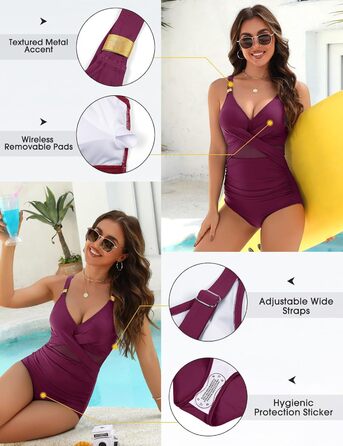 Спортивний купальник для жінок з ефектом талії, великі розміри, Push Up, висока талія, з чашками, Bademode (Lila Rot, S)