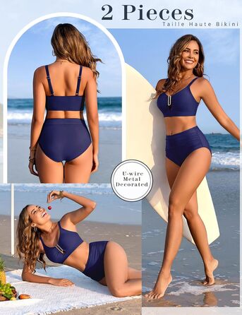 БІКІНІ Daen Set Push Up з високою талією, суцільний двочастинний купальник, сексуальний металевий U-подібний виріз з бантиком, жіночий купальник для плавання (Темно-синій, XXL)