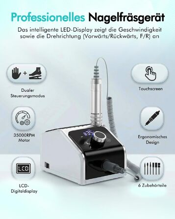 Професійний електричний апарат для манікюру та педикюру CozyZen 35 000 об/хв з LCD-дисплеєм, ручною та ножною педаллю, для акрилу, гелю та натуральних нігтів (Білий)