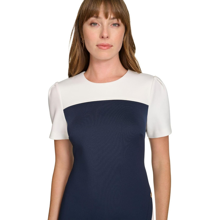 Сукня-футляр Tommy Hilfiger Scuba-Krepp, короткий рукав, з заклепками, асиметричний поділ, розмір 36-38, колір Sky Captain/Elfenbein