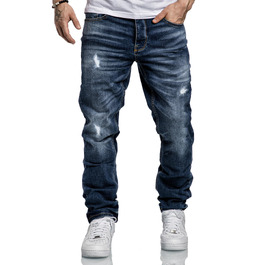Чоловічі джинси REPUBLIX Regular Straight Fit з ефектом Destroyed, темно-сині, модель R7998