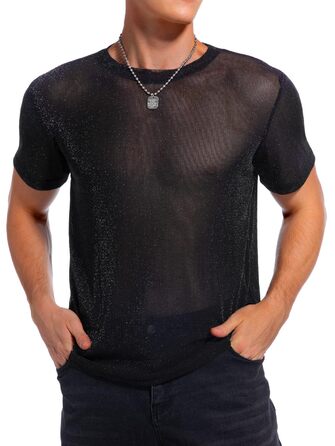 Чоловіча футболка Hawiland з блискітками, сітка, мереживо - для вечірок, клубів, рейв-вечірок. Чорний колір, розмір S