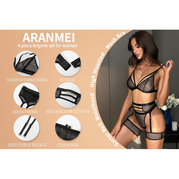 Сексуальний комплект нижньої білизни Aranmei з 4 частин для жінок: мереживний бюстгальтер, труси з високою талією, пояси для панчіх та страпи, розмір 38, колір рожевий